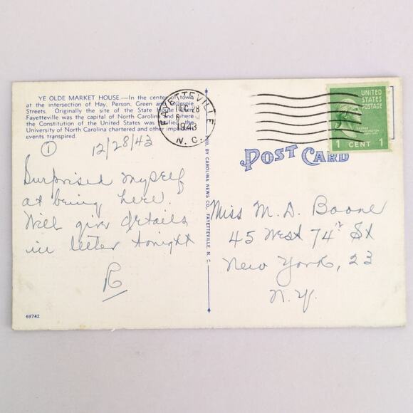 Vintage Linen Postcard 1943 Ye Old Market House at Night Fayetteville NC - Picture 2 of 2